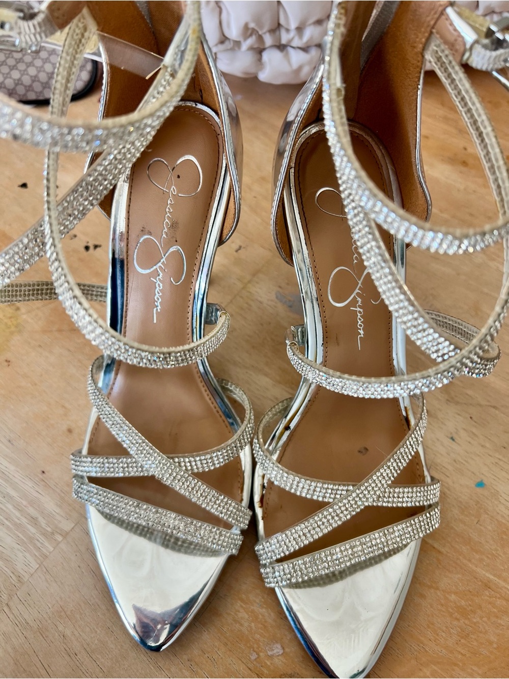 Jessica Simpson Silver Crystal-Strap Pointed Toe Heels